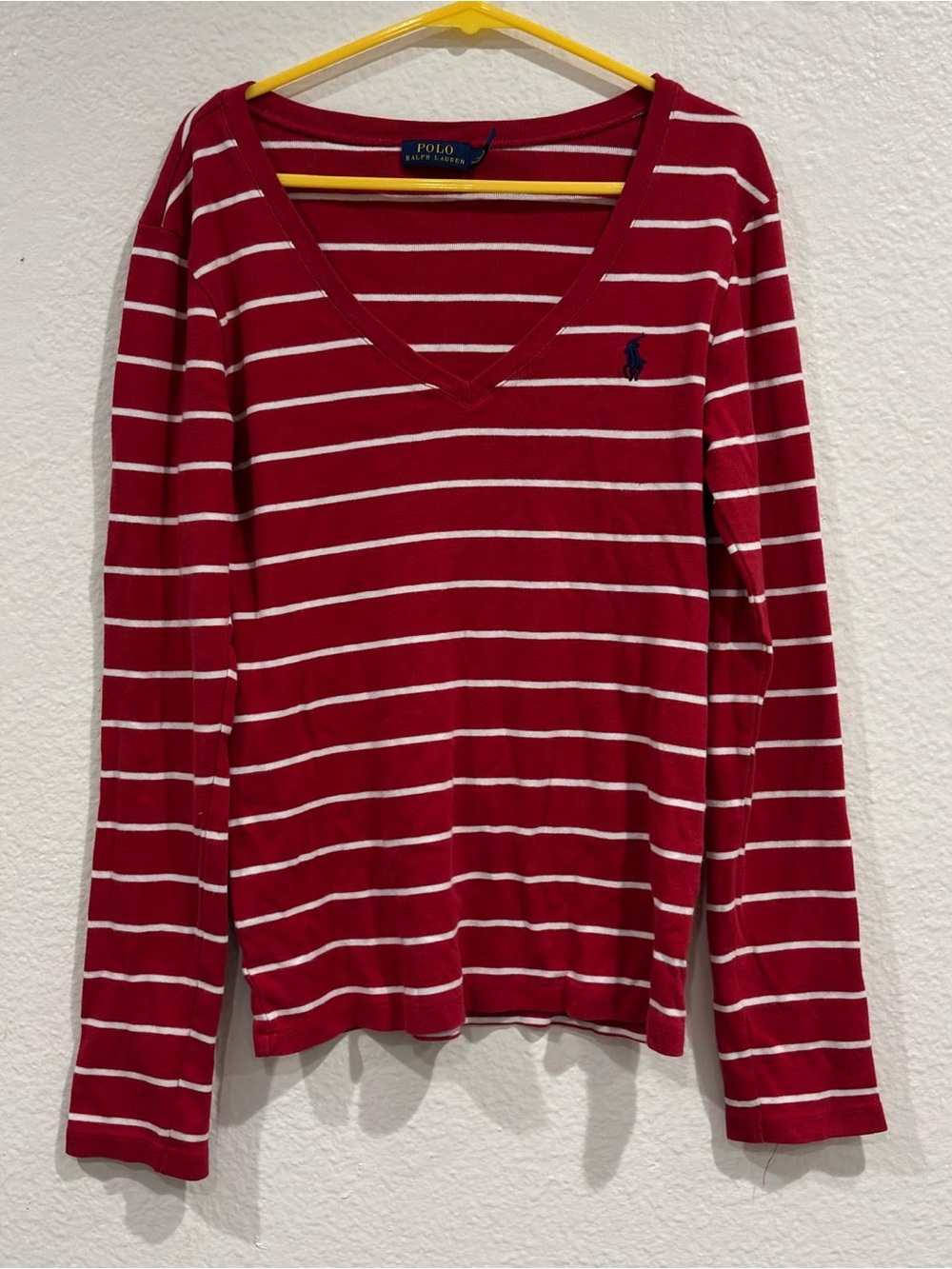 Polo Ralph Lauren Women’s Red & White Striped V-Neck Long Sleeve Top Size M